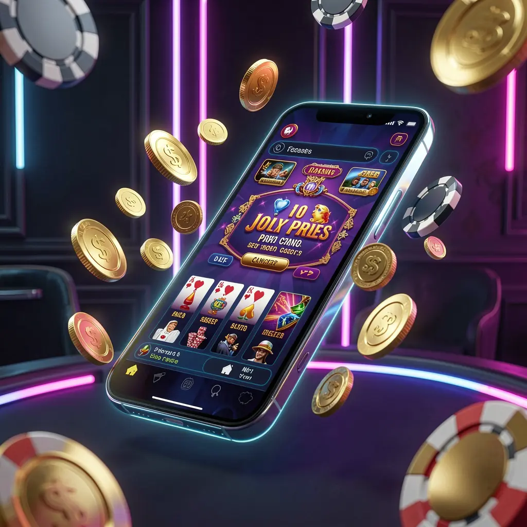 8990K online casino mobile app hero banner showing a modern smartphone with a glowing casino interface, golden coins and poker chips flying around against a dark luxury background with neon accents