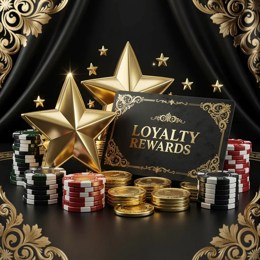 8990K loyalty rewards casino image featuring golden stars, poker chips, coins, and a luxury reward card on an elegant black and gold background in a realistic 3D render