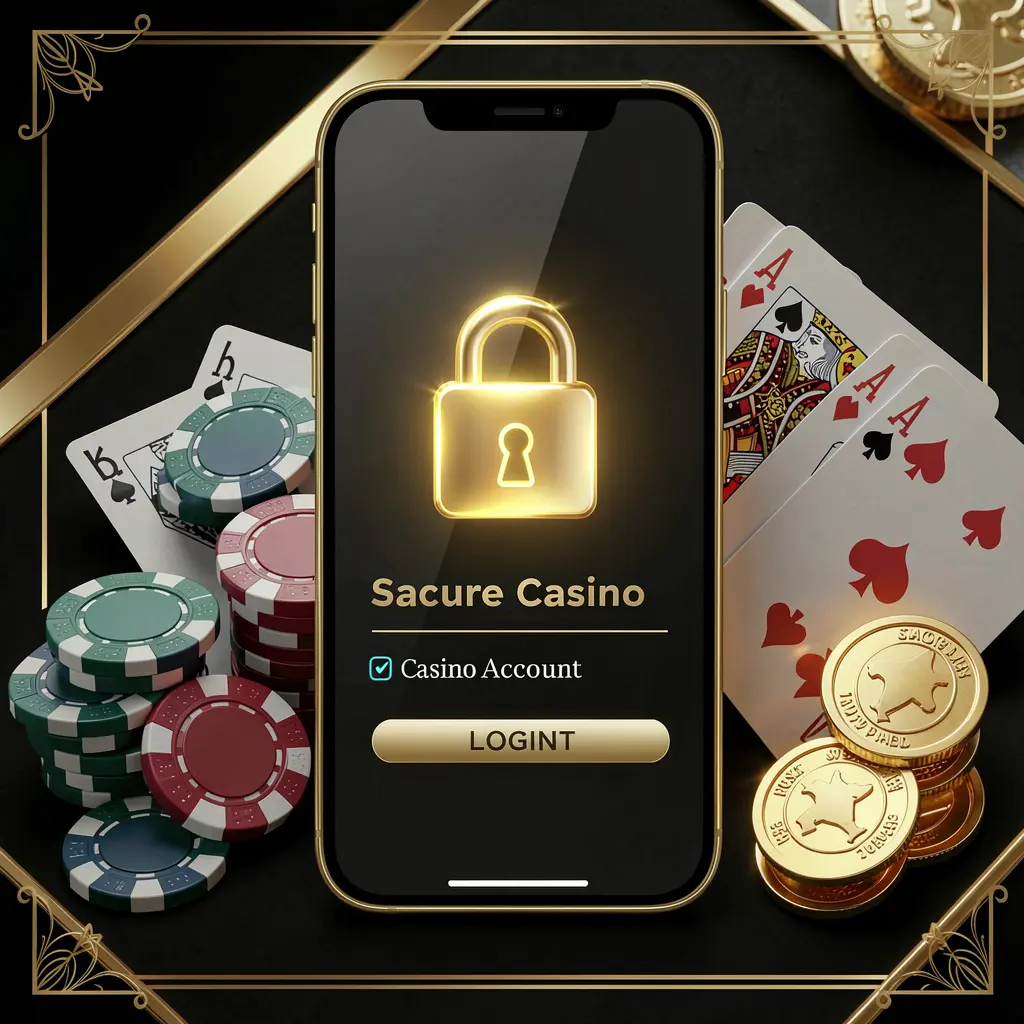8990K secure casino account login concept with glowing lock icon on smartphone screen, poker chips, playing cards, and golden coins on elegant black and gold background