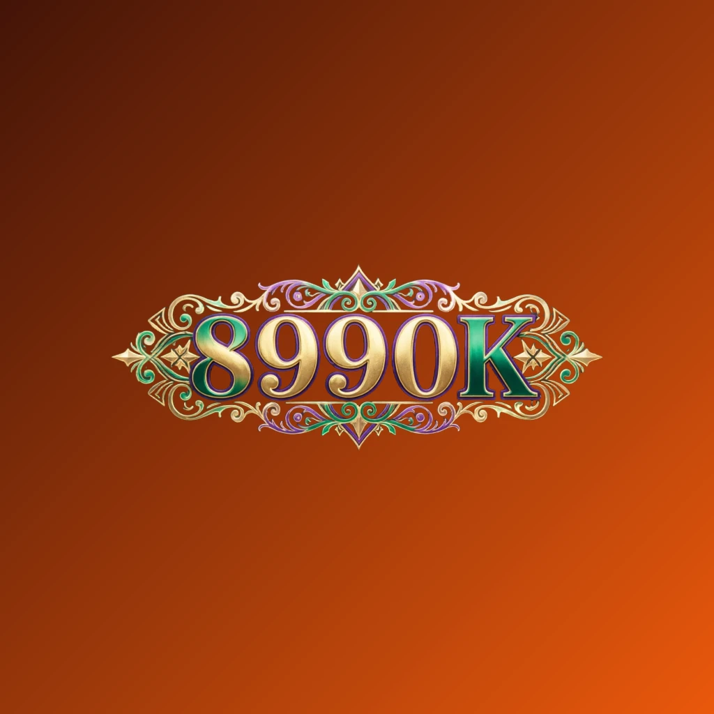 Luxury colorful 8990K logo featuring bold serif typography in rich emerald, violet, and gold with elegant glowing ornaments, designed as a premium horizontal rectangular wordmark for website header