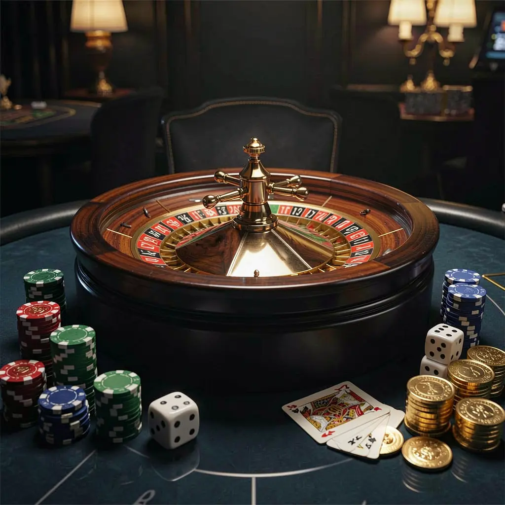 8990K premium casino homepage scene featuring a roulette wheel spinning on a glossy table surrounded by poker chips, dice, cards, and golden coins with an elegant dark background and cinematic lighting